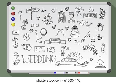 Wedding icon set illustration on whiteboard. Vector icons