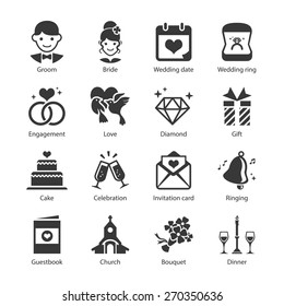 Wedding icon set. Included the icons as groom, bride, wedding ring, celebration, diamond, engagement and more.