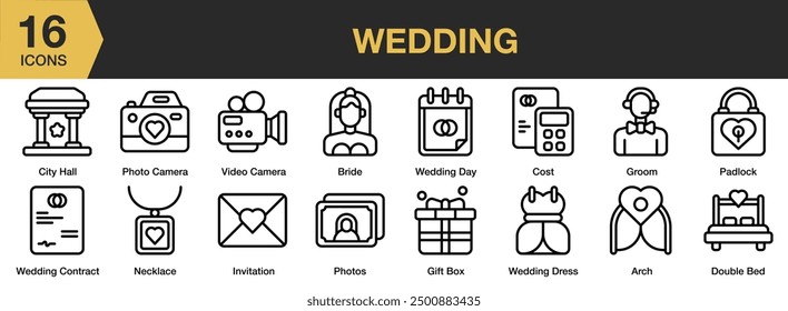 Wedding icon set. Includes arch, bride, invitation, gift box, day, dress, and More. Outline icons vector collection.