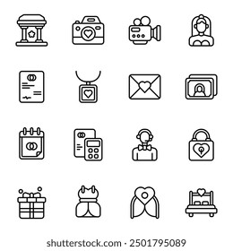 Wedding icon set. Includes arch, bride, invitation, gift box, wedding day, wedding dress, and More. Outline icons vector collection.