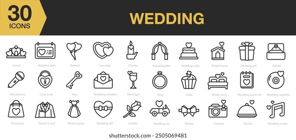 Wedding icon set. Includes love, ring, cake, rose, candle, crown, and More. Outline icons vector collection.