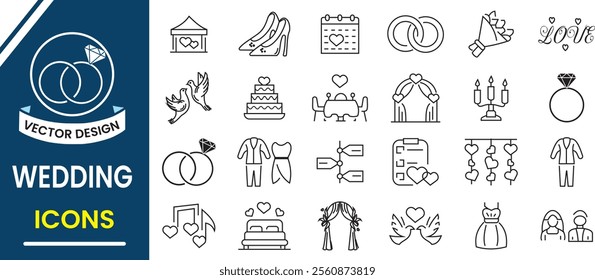 Wedding icon set. Wedding line icon, element, marrying, ceremony line icons, bride, groom, couple, love, marriage icon. Vector illustration.