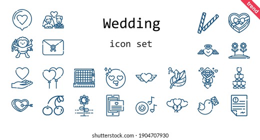 wedding icon set. line icon style. wedding related icons such as love, pigeon, cherry, balloons, bouquet, leaf, decorative, heart, flower, cupid, romantic music, in love, letter, cutting