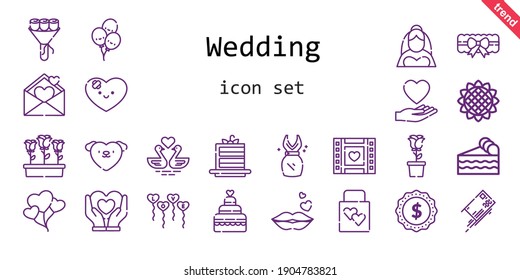 wedding icon set. line icon style. wedding related icons such as bride, love, cake slice, dress, flowers, balloons, wedding gift, piece of cake, garter, bouquet, wedding video, label, kiss, sunflower