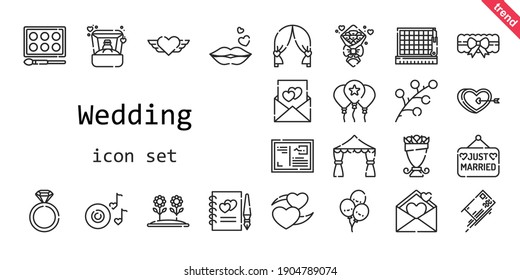 wedding icon set. line icon style. wedding related icons such as balloon, just married, engagement ring, balloons, ring, garter, bouquet, kiss, branch, heart, flower, guests book, romantic music