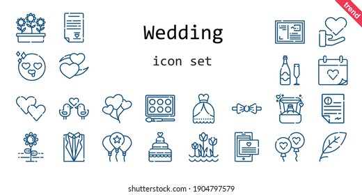wedding icon set. line icon style. wedding related icons such as love, wedding dress, balloon, flowers, ring, balloons, wedding day, leaf, heart, flower, bow tie,  cake, watercolor, tulips