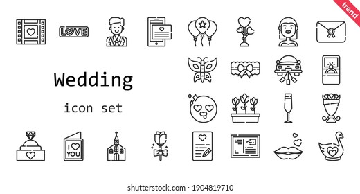 wedding icon set. line icon style. wedding related icons such as love, bride, balloon, groom, engagement ring, garter, swan, church, bouquet, wedding video, kiss, champagne glass, wedding car