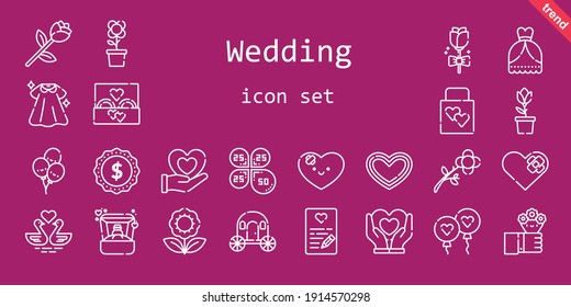 wedding icon set. line icon style. wedding related icons such as dress, wedding dress, flowers, ring, balloon, carriage, ring, gift, balloons, tulip, label, petals, heart