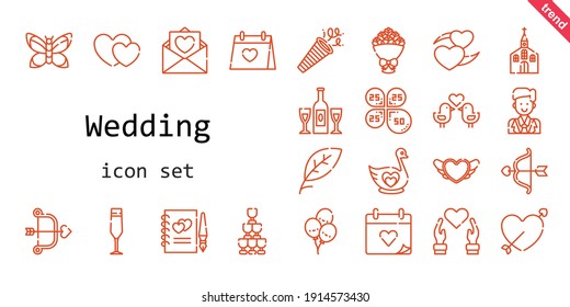 wedding icon set. line icon style. wedding related icons such as groom, confetti, balloons, swan, church, wedding day, bouquet, leaf, petals, heart, champagne glass, cupid, guests book, love birds