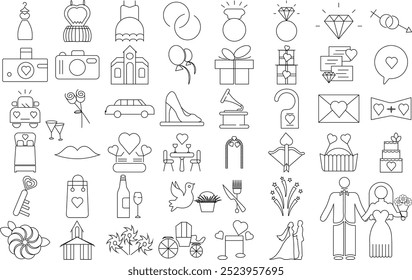 Wedding icon set for logo and T-Shirt. Thin line art editable stroke.