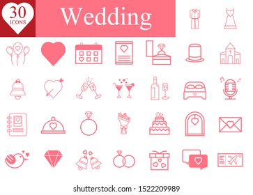 Wedding Icon set, Marriage, Engagement, Ring, Love, Celebration, Bridal dress, Wine Bottle, Vector Illustration collection