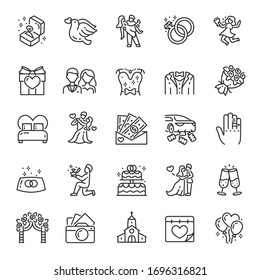 Wedding, icon set. Marriage, linear icons. Make an offer. Line with editable stroke