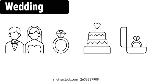 wedding icon set in minimal line style featuring bride, groom, rings, cake, and romantic symbols