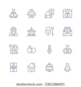 Wedding icon set. Thin line icon. Editable stroke. Containing animal, bug, house, smart farm, wheat, crate, pig, tractor, eggs, farm, scarecrow, watering, field, goat, sickle, soil.