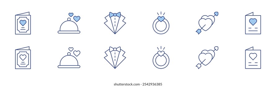 Wedding icon set in two styles, Duotone and Thin Line style. Editable stroke. card, engagement ring, menu, suit, marriage, wedding invitation.