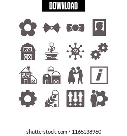 wedding icon. This set with rose, settings, man giving flowers present to a woman and barn vector icons for mobile and web