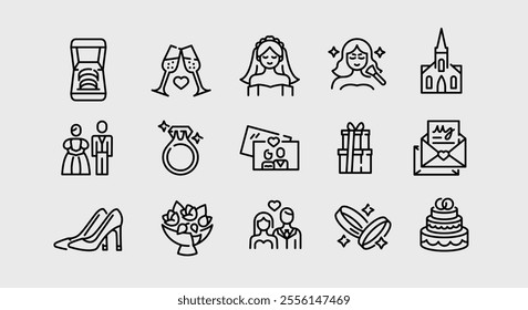 Wedding icons. 15 trendy minimal wedding icons. Wedding dress, bride and groom, bouquet, and wedding cake icons. Design signs for web page, mobile app, packaging design. Vector illustration