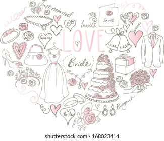 Wedding icons arranged in Heart shape