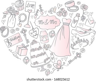 Wedding icons arranged in Heart shape