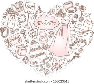 Wedding icons arranged in Heart shape