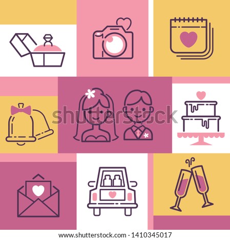 Wedding icons banner vector illustration. Accessories for celebration. Bride and groom, cake, engagement ring, glasses of champagne, car for married couple. Romantil letter, calendar, bells.