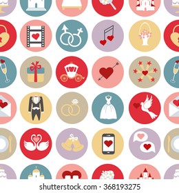 Wedding icons buttons seamless pattern.Vector Flat icons background,sins collection.Circle buttons with wedding day signs.Retro vector.Holiday  infographics elements.Wallpaper,wrap,backdrop,ornament