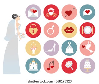 Wedding icons buttons set.Bridal shower Vector.Flat icons,sins.Flat bride in dress with bridal collection.Circle buttons with wedding day signs.Retro vector.Holiday  infographics elements