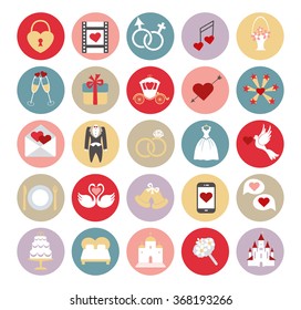 Wedding icons buttons set.Vector Flat icons,sins collection.Circle buttons with wedding day signs.Retro vector.Holiday  infographics elements