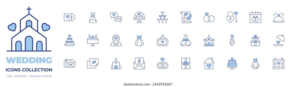 Wedding icons collection. Line Duotone style, editable stroke. glasses, love, proposal, cake, dress, wedding location, vinyl disc, dinner, bell, contract.