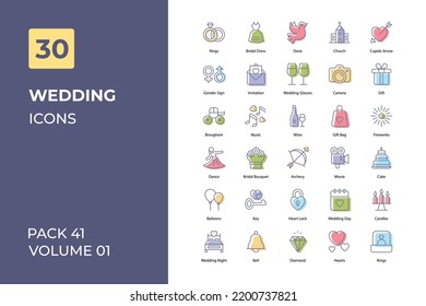 Wedding icons collection. Set contains such Icons as bible, bird, bouquet, bride, cake and more
