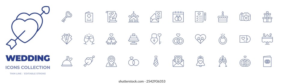 Wedding icons collection. Thin Line icons, editable stroke. cake, wedding rings, menu, padlock, suit, tie, marriage, invitation, bell, couple, location.