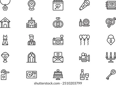 A coleção de ícones de casamento é uma ilustração vetorial com traçado editável.