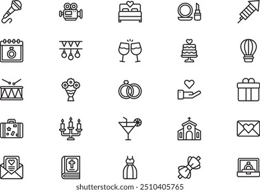 Die Sammlung von Hochzeits-Symbolen ist eine Vektorgrafik mit bearbeitbarem Strich.