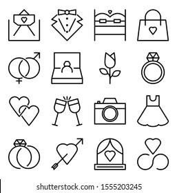 Wedding icons containing rings, invitations, suits, dresses, etc. for website or app needs in eps10 vector format