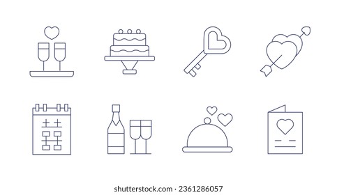 Wedding icons. editable stroke. Containing wine, cake, key, marriage, calendar, champagne, menu, wedding invitation.