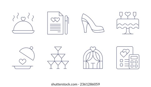 Wedding icons. editable stroke. Containing wedding food, document, shoe, food tray, glasses arch, cost.