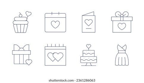 Iconos de bodas. trazo editable. Conteniendo bizcocho, cita romántica, boda, caja de regalo, torta de boda, vestido de boda.