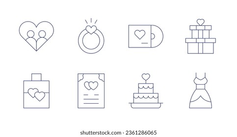 Wedding icons. editable stroke. Containing couple, engagement ring, vinyl disc, wedding gift, gift bag, invitation, wedding cake, wedding dress.