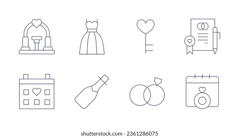 Wedding icons. editable stroke. Containing altar, bride, key, marriage, calendar, champagne, ring.