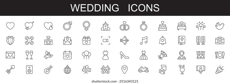  Iconos de la Boda. iconos editables de la línea del golpe en el fondo blanco, Ilustración vectorial de la novia de la pareja de la boda