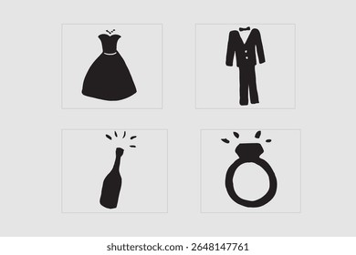 Wedding icons featuring a bride s dress groom s suit champagne bottle and diamond ring