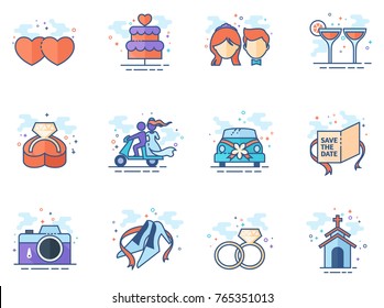 Wedding icons in flat colors style. Vector illustration.