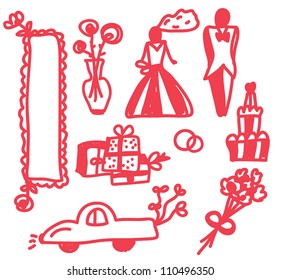 Wedding icons funny doodle set