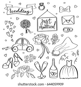 Wedding icons. Hand sketched vector wedding symbols bride, groom, couple, love, rings, honeymoon, celebration