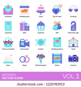 Wedding icons including invitation, cake, key of heart, drinking, guest list, gifts, cupcake, bell, door sign, flower on basket, camcorder, cutlery, album, hotel, swan, rings, bridal bouquet, movie.