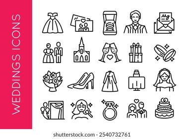 Wedding icons. Large set of trendy minimal wedding icons. Wedding dress, bride and groom, bouquet, and wedding cake icons. Design signs for web page, mobile app, packaging design. Vector illustration