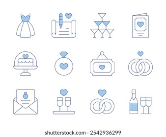 Wedding icons. Line Duotone style, editable stroke. glasses, love, cake, wedding dress, invitation, wedding rings, ring, contract, wine.