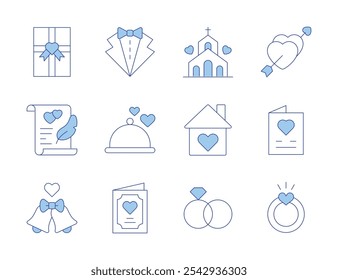 Wedding icons. Line Duotone style, editable stroke. chapel, home, wedding rings, bell, contract, gift, card, engagement ring, menu, suit, marriage, wedding invitation.