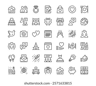 Wedding icons. Outline symbols collection. Premium vector line icons set