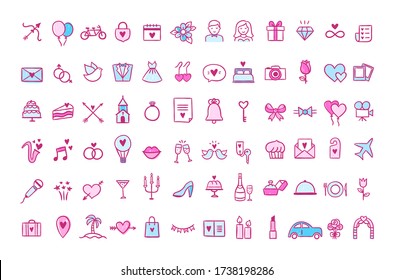 Wedding icons pink outline set. Hand drawn wedding symbols isolated on white background. Love theme collection with romantic elements